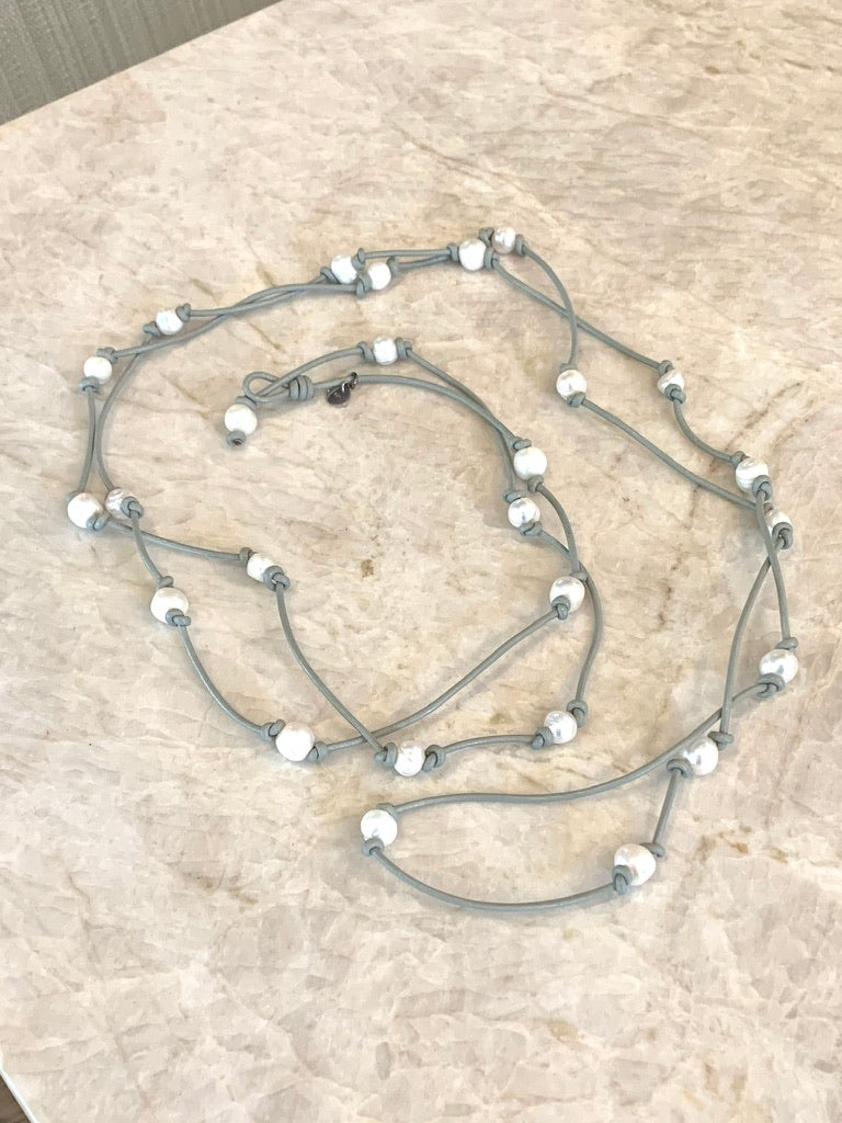 Gray Leather Knotted Wrap Necklace with Freshwater Pearls