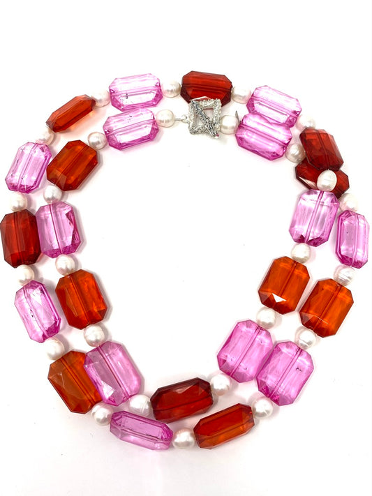 Red and Pink Acrylic Stones Strung With Freshwater Pearls