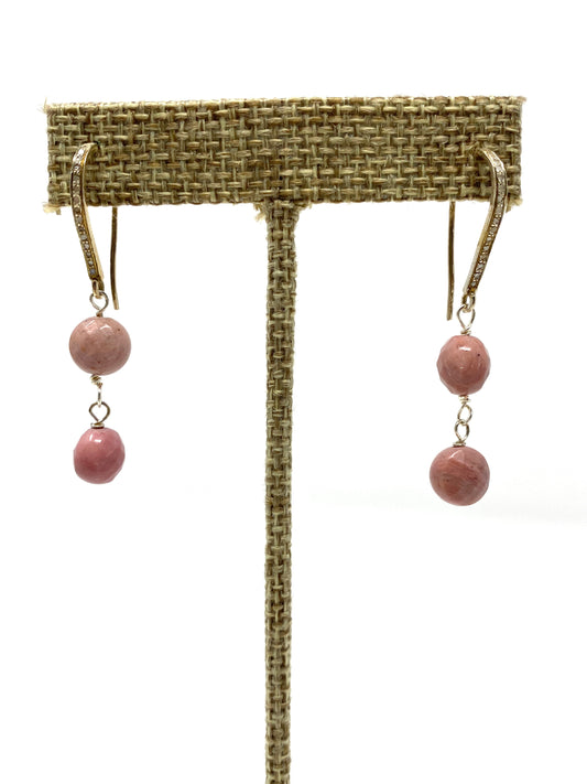 Rhodonite Dangle Earrings on Sterling Silver Diamond Earring Wire