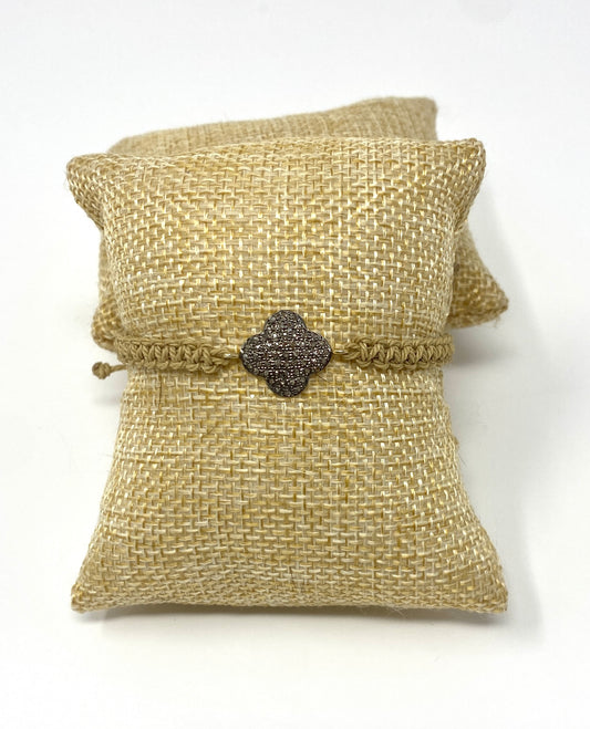 Tan Adjustable Macrame Bracelet With Pave Diamond Clover Shaped Connector