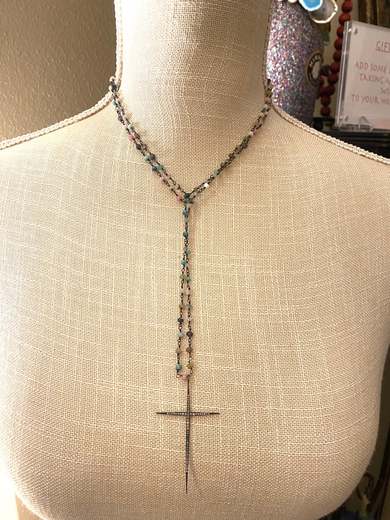 Multi Colored Gemstone on Rosary Style Chain With Pave Diamond Cross Pendant