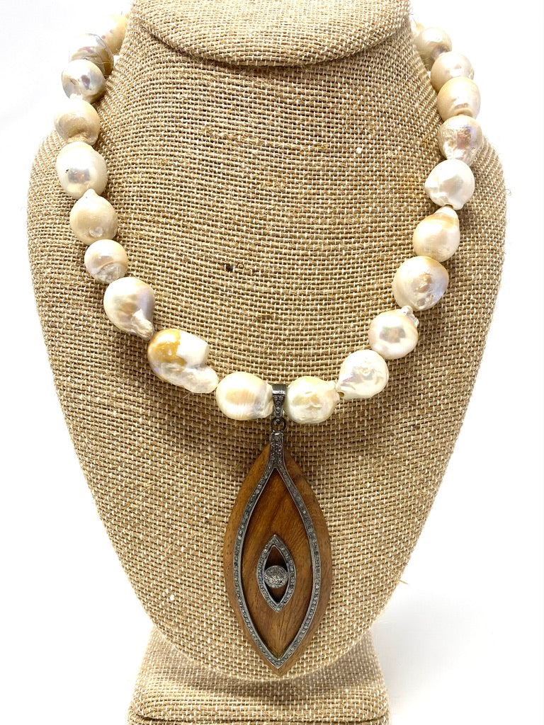 Extra Large Freshwater Pearl Necklace With Brown Wooden and Diamond Evil Eye Pendant