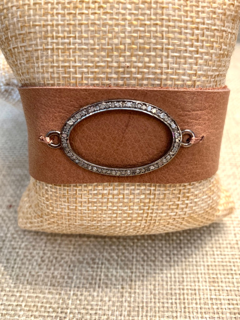 Tan Leather Cuff Bracelet with Oval Pave Diamond Accent