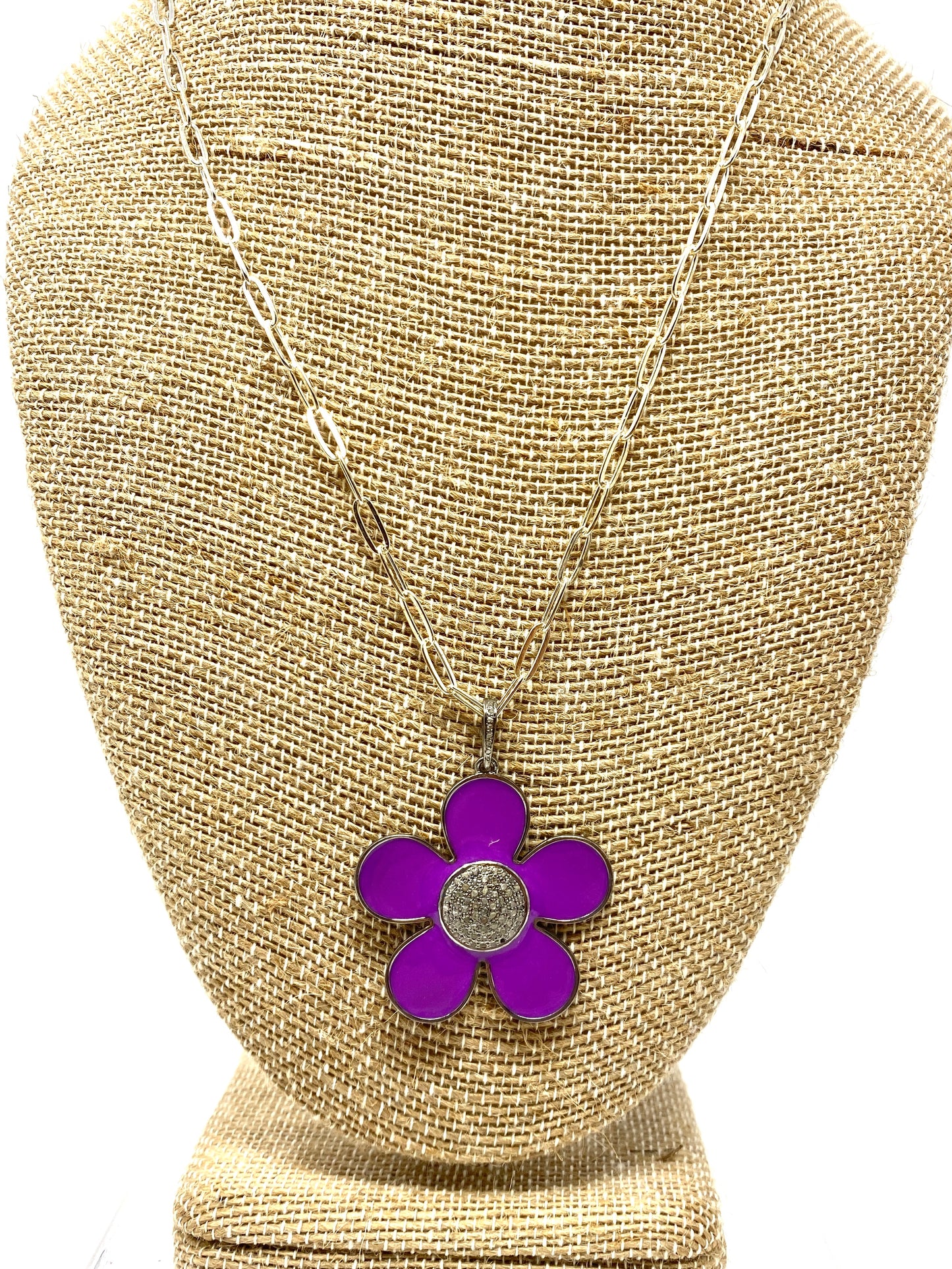 Sterling Silver Chain Necklace With Purple Enamel and Diamond Flower Pendant