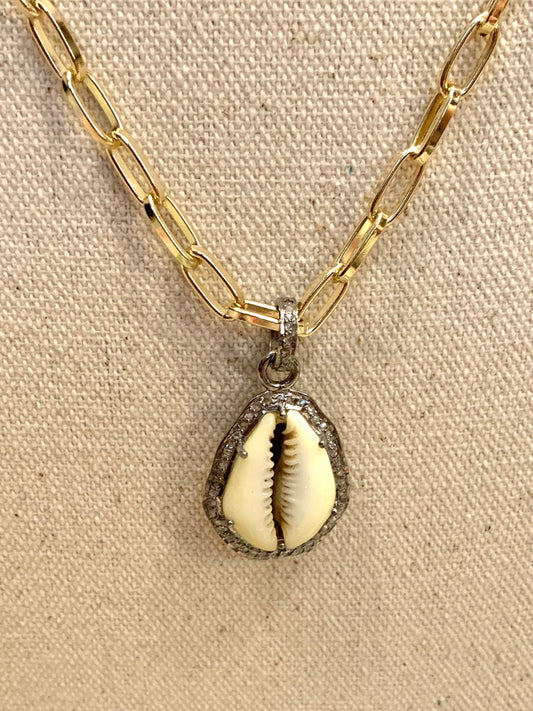 Gold Filled Paperclip Chain Necklace with Pave Diamond and Puka Shell Pendant