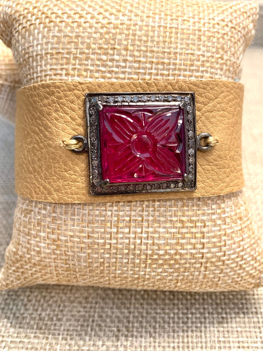 Camel Color Leather Cuff Bracelet with Pave Diamond and Ruby Accent