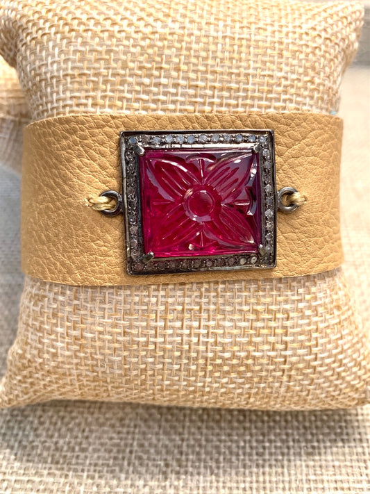 Leather Cuff Bracelet with Pave Diamond and Ruby Connector