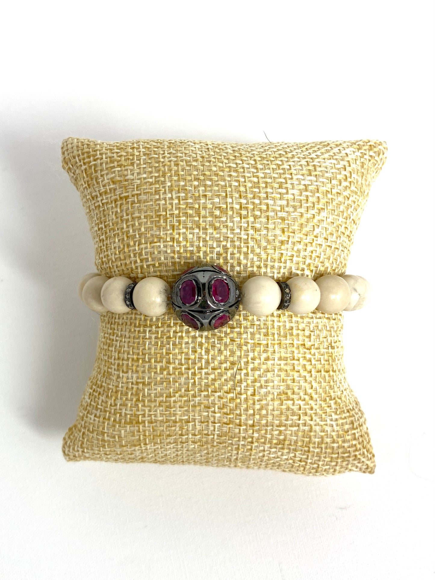 Bone Colored Elastic Beaded Bracelet With 12mm Ruby and Diamond Bead