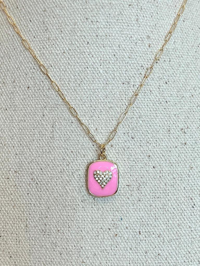Dainty Gold Filled Chainlink Necklace with Pink Enamel and CZ Heart Charm