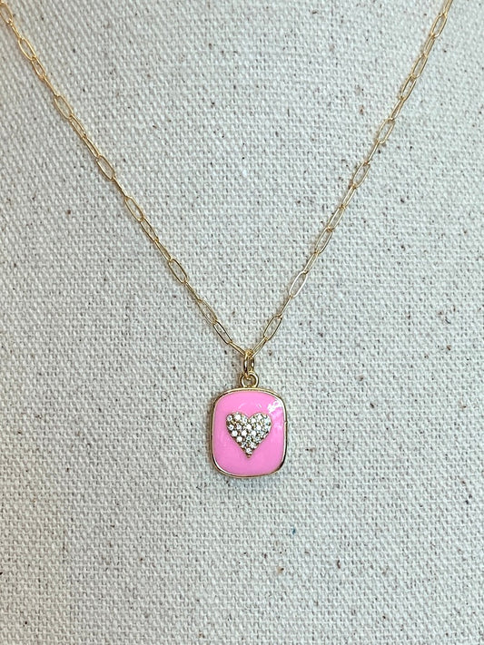 Dainty Gold Filled Chainlink Necklace with Pink Enamel and CZ Heart Charm