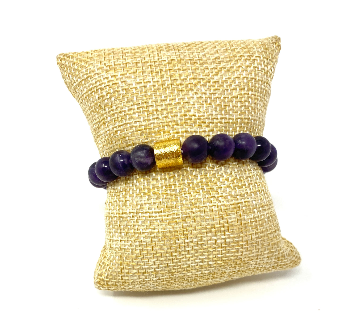 Purple Jade Elastic Beaded Bracelet with Brushed Gold Center Tube Bead