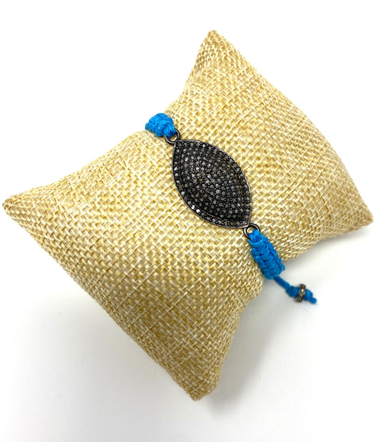 Dark Teal Macrame Adjustable Bracelet With Oval Pave Diamond Connector