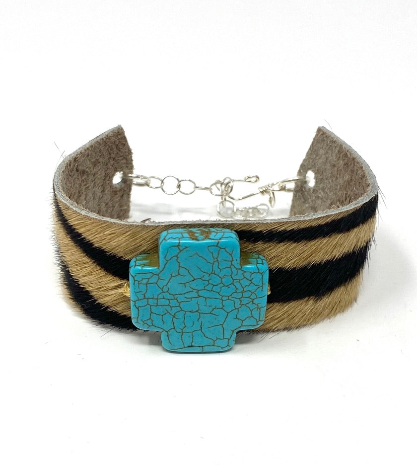 Hide Cuff Bracelet With Turquoise Cross