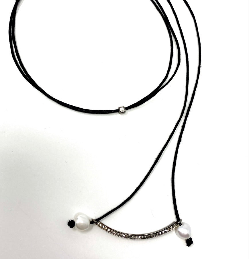 Black Cord Necklace With Pave Diamond Bar and Pearl Accents