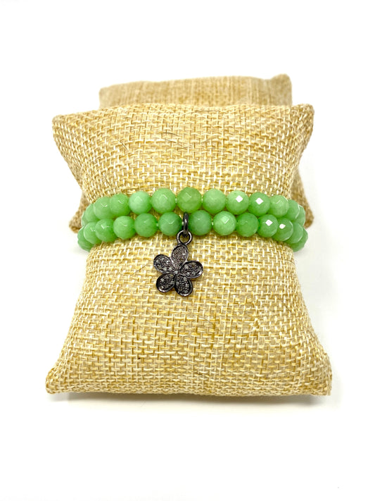 Kiwi Green Quartz Elastic Bracelet Set With Diamond Flower Charm