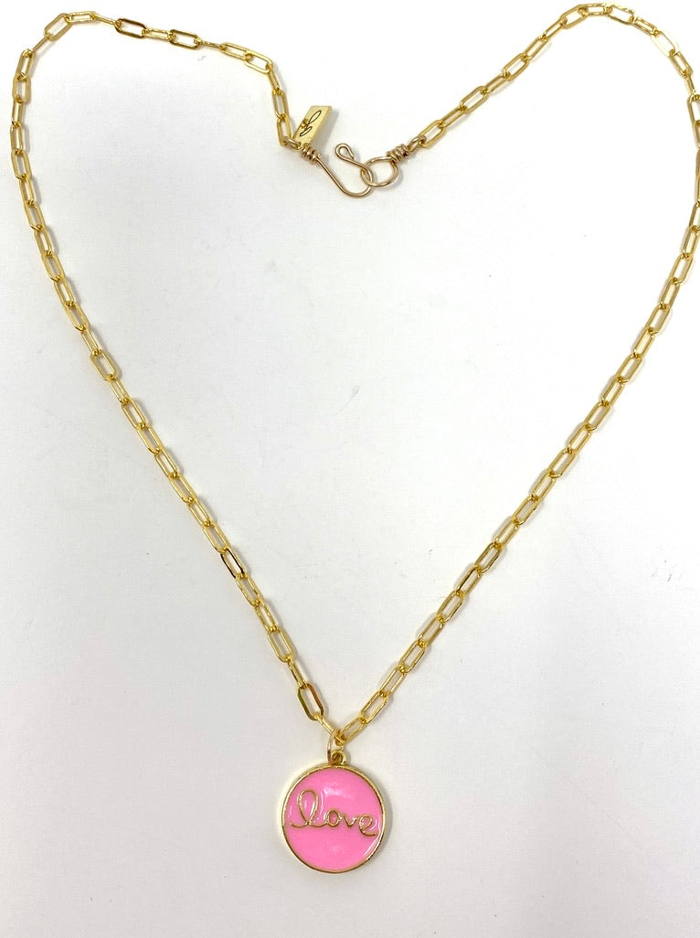 Pink Enamel "love" Pendant on Gold Filled Chain Necklace