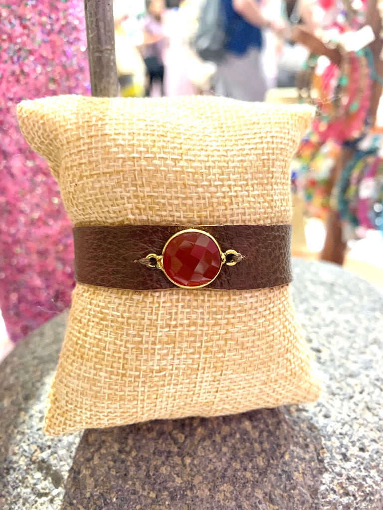Brown Leather Cuff Bracelet with Carnelian and Gold Connector