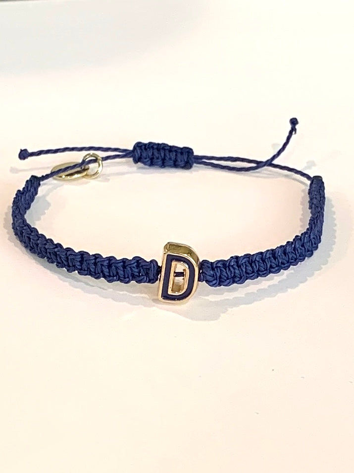 Blue Macrame Adjustable Bracelet with Gold and Blue Letter D