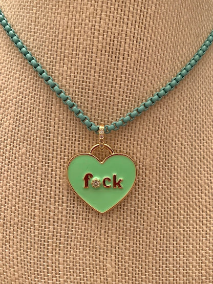 Turquoise Blue Box Chain Necklace with Green Enamel and Gold Heart Pendant