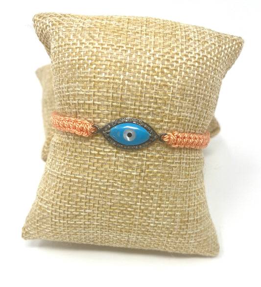 Peach Adjustable Macrame Bracelet With Enamel and Diamond Evil Eye Connector