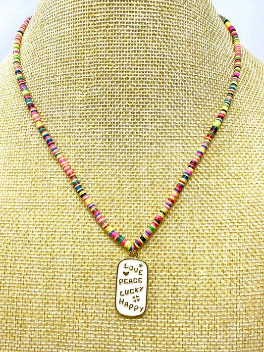 Multicolored Vinyl Disc Necklace With White Enamel "Love, Peace, Lucky, Happy" Pendant