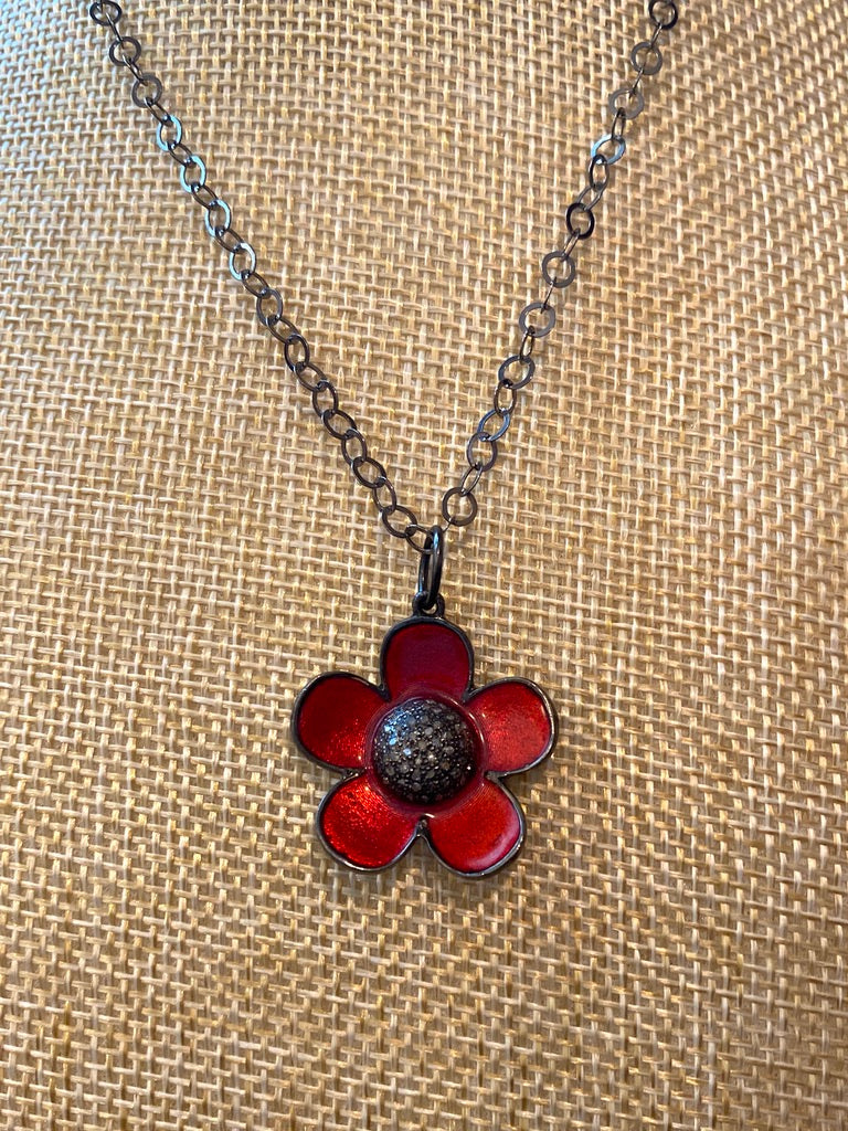 Oxidized Chainlink Necklace with Red Enamel and Pave Diamond Flower Pendant