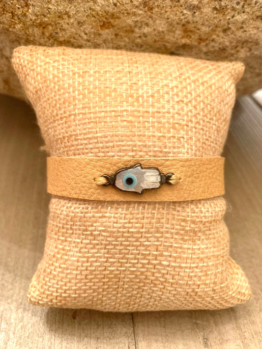 Tan Leather Cuff Bracelet with Mother of Pearl Hamsa Connector