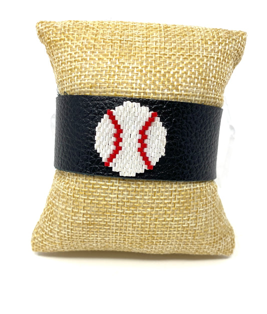 Black Leather Baseball Cuff Bracelet