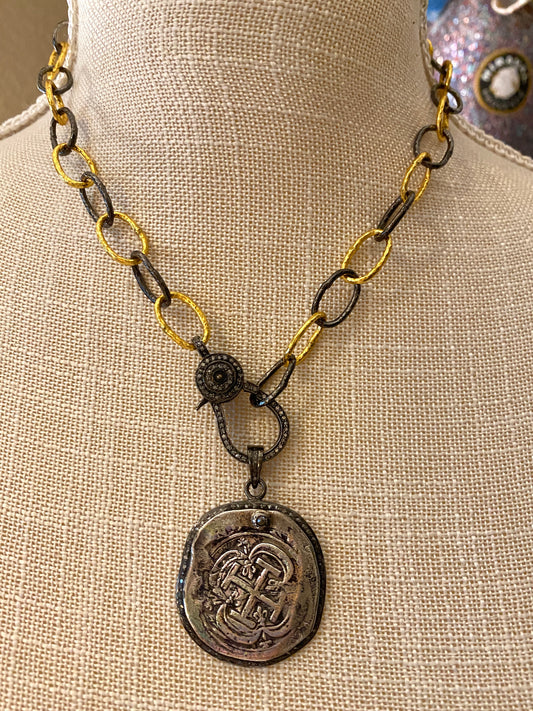 Oxidized Silver and Gold Chain Link Necklace With Old World Cross Pendant and Diamond  Lobster Clasp