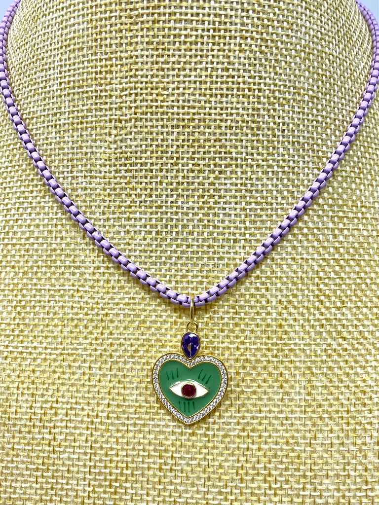 Lavender Enamel Chain With Green Enamel Evil Eye Heart Pendant