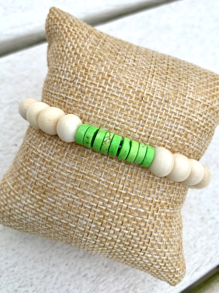 Bone Beaded Bracelet with Lime Green Howlite Spacers