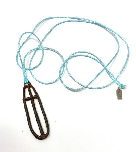 Pale Blue Nylon Cord Necklace With Rustic Cross Pendant