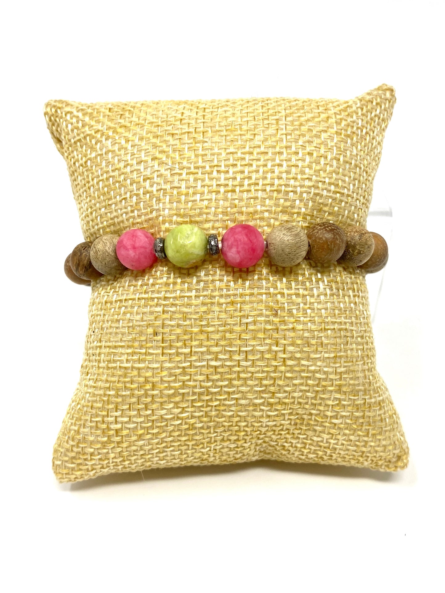 Light Brown Wooden Elastic Beaded Bracelet With Pink Jade and Peridot Beads and Diamond Spacers