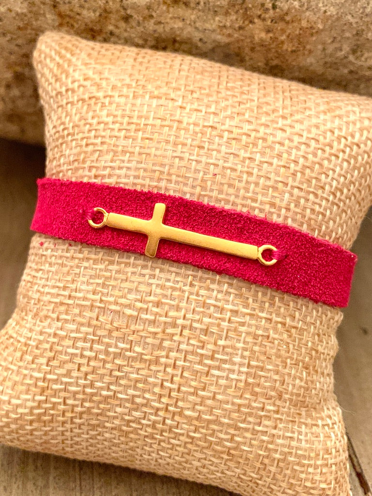 Hot Pink Suede Leather Cuff Bracelet with Gold Cross Connector
