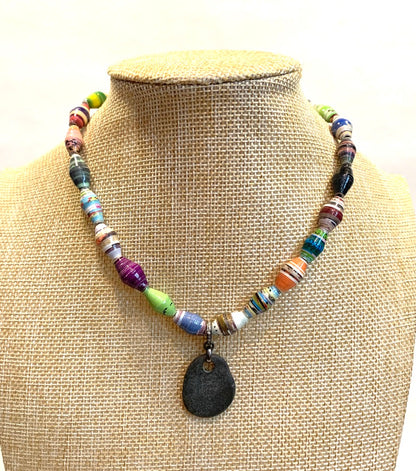 Multi Colored Rolled Paper Bead Necklace with River Rock Pendant and Diamond Bail