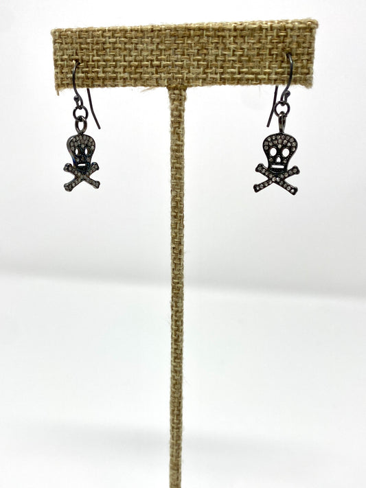 Oxidized Silver Earrings with Pave Diamond Skull and Cross Bones