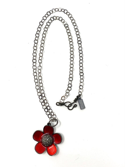 Oxidized Chainlink Necklace with Red Enamel and Pave Diamond Flower Pendant