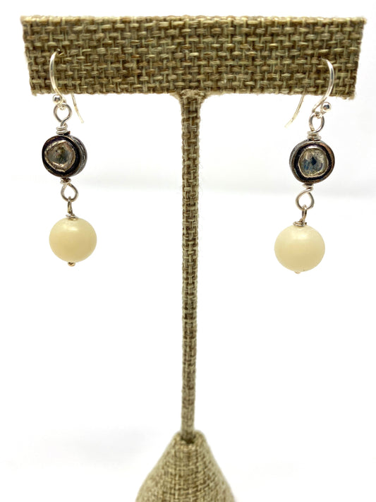 Double Sided Polki Diamond and  Cream Glass Beaded Earring
