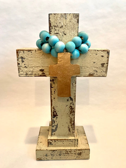 Turquoise Blue Wooden Bottle Beads with a Gold Cross