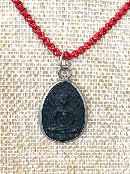 Red Box Chain Necklace with Double Sided Buddha and Peace Symbol Pendant