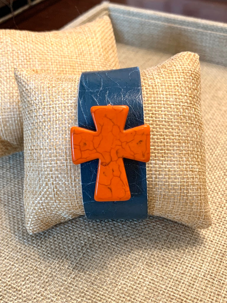 Blue Leather Cuff Bracelet with Orange Howlite Cross