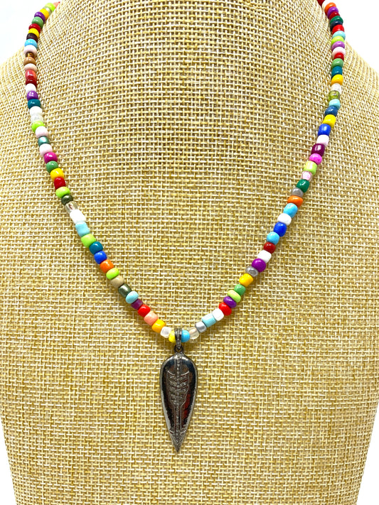 Multicolored Seed Bead Necklace with Oxidized Pave Diamond Arrow Pendant