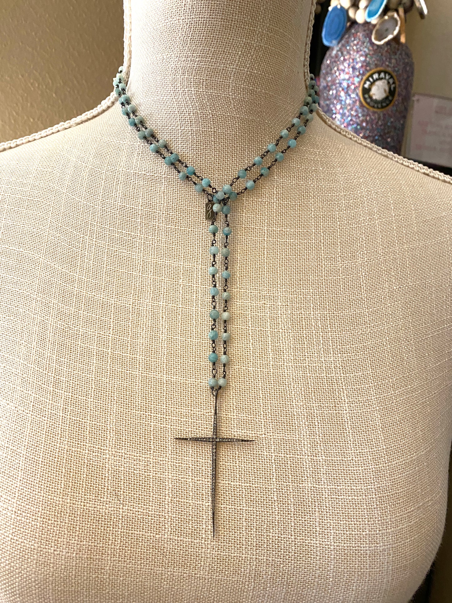 Chalcedony Rosary Style Beaded Chain Necklace with Pave Diamond Cross Pendant