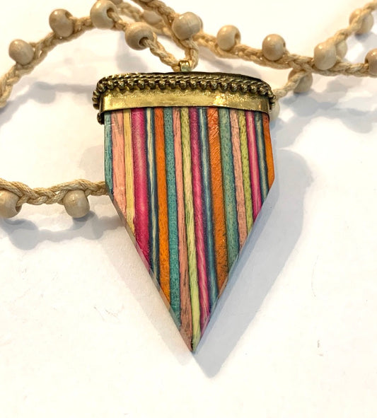 Tan Wooden Beaded and Hand Braided Necklace with Multi-Colored Wooden and Brass Pendant