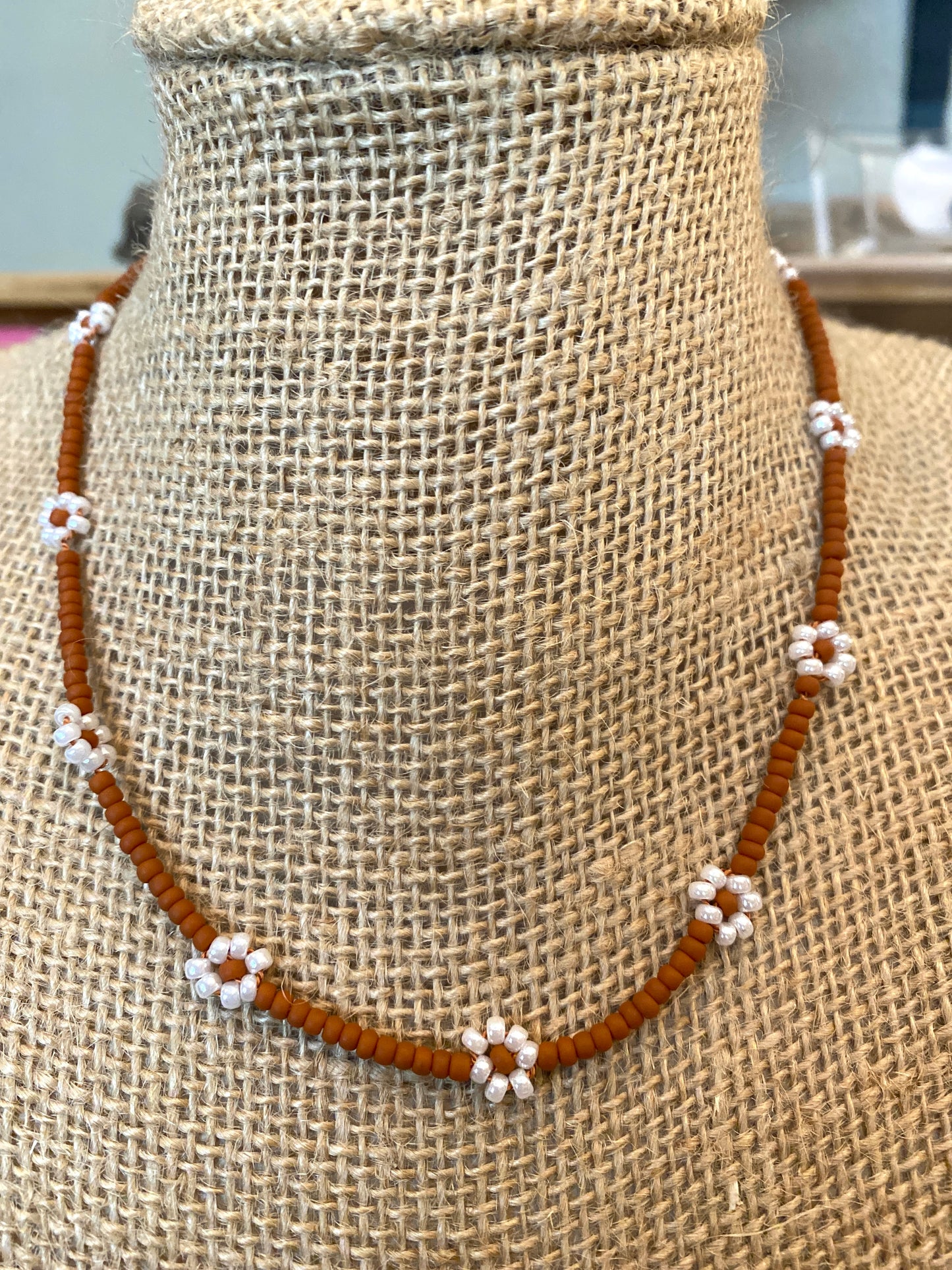 Tiny Opaque Beaded Burnt Orange Daisy Chain Necklace With White Flowers