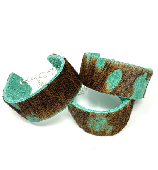 Green Turquoise and Brown Hide Cuff Bracelet