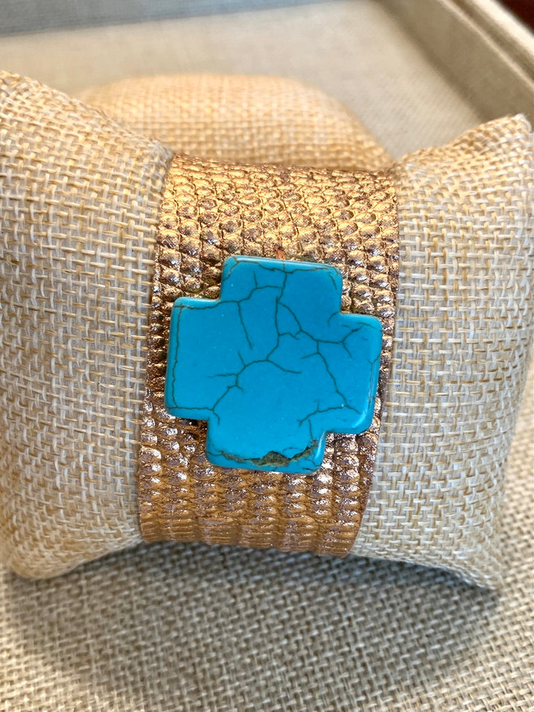 Rose Gold Leather Cuff Bracelet with Turquoise Cross
