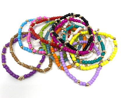 Multi Colored Seed Bead Elastic Bracelets With Gold Filled 4mm Beads