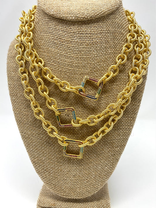 Heavy Gold Chain Necklace With Rainbow Square or Heart Shaped CZ Carabiner