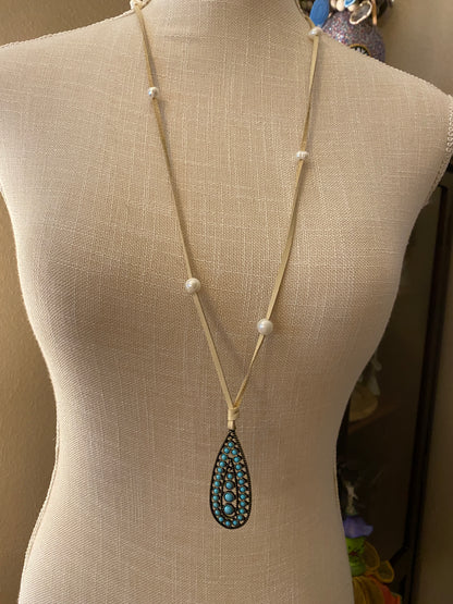 Tan Deer Skin Necklace with Pearl and  Faux Turquoise Pendant